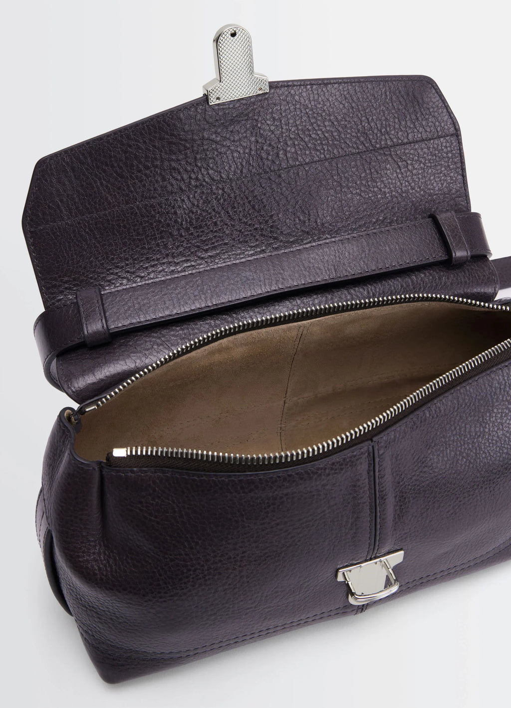 Lemaire Small Gear Bag in Glossy Vegetable-Tanned Leather, product shot, top detail shot zipper interior view