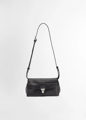 Lemaire small gear bag in black vegetable-tanned nappa leathe, product shot, front view soft shiny finish