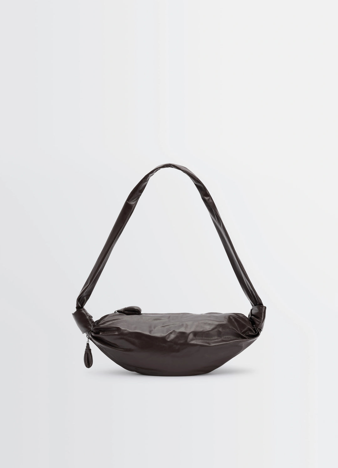 Small Soft Croissant Bag in Paper-effect Leather, product shot, side view slouchy structure