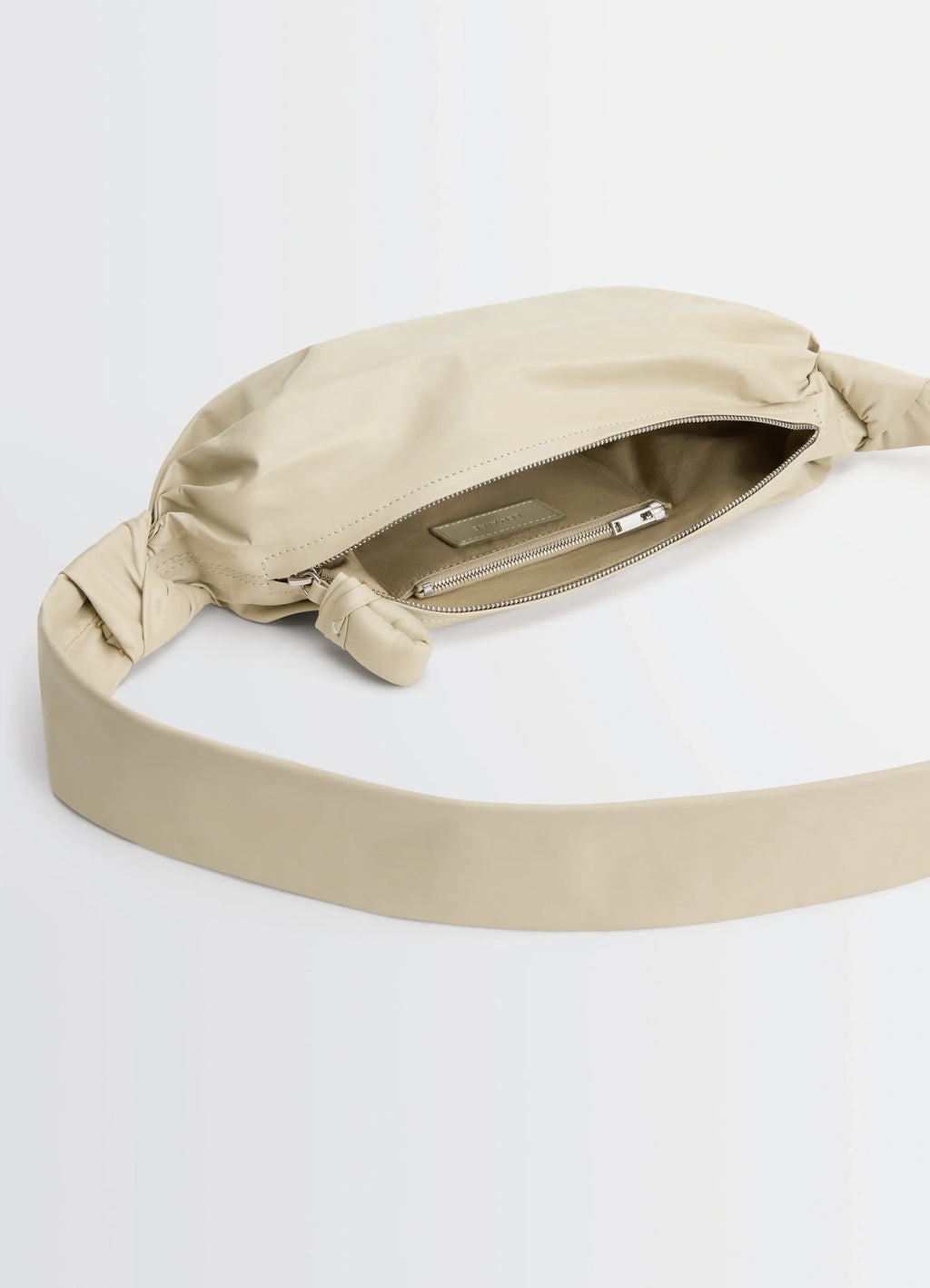 Lemaire Small Soft Croissant in Beige Paper-Effect Leather, product shot, top view zipper opening detail