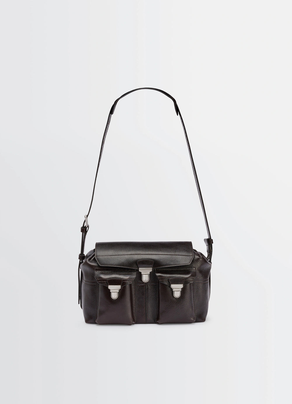 Lemaire Medium Gear Bag in Glossy Vegetable-Tanned Leather, product shot, front view triple front pocket closures