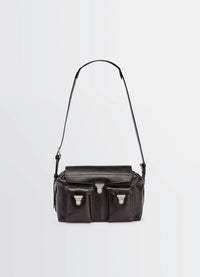 Lemaire Medium Gear Bag in Glossy Vegetable-Tanned Leather, product shot, front view triple front pocket closures