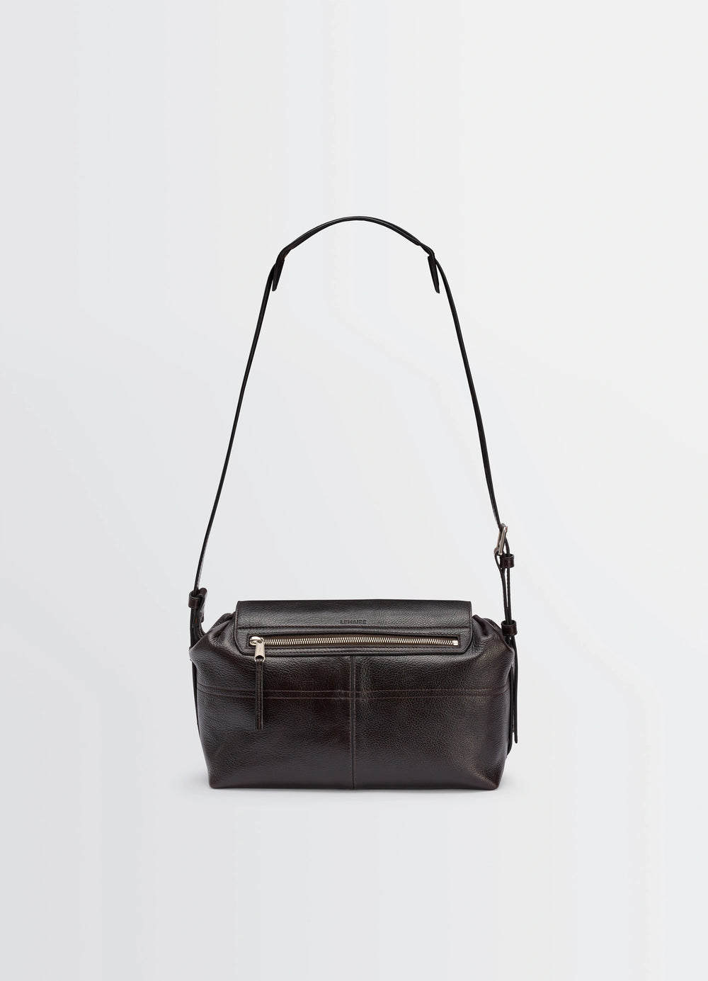 Lemaire Medium Gear Bag in Glossy Vegetable-Tanned Leather, product shot, back view curved top zipper