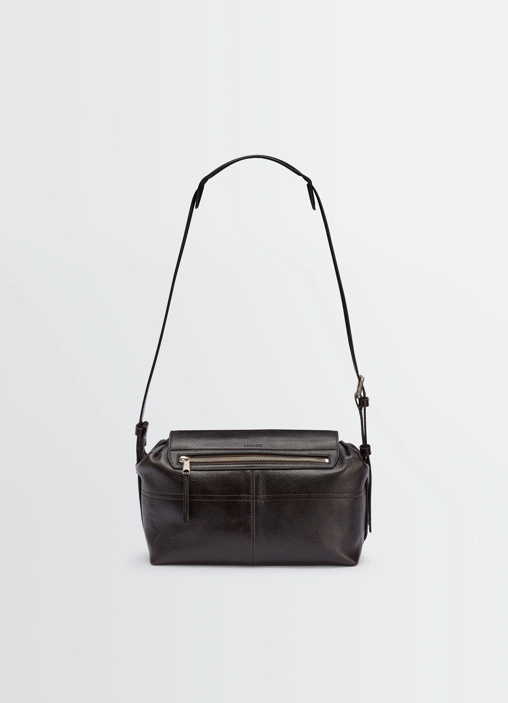 Lemaire Medium Gear Bag in Glossy Vegetable-Tanned Leather, product shot, back view curved top zipper