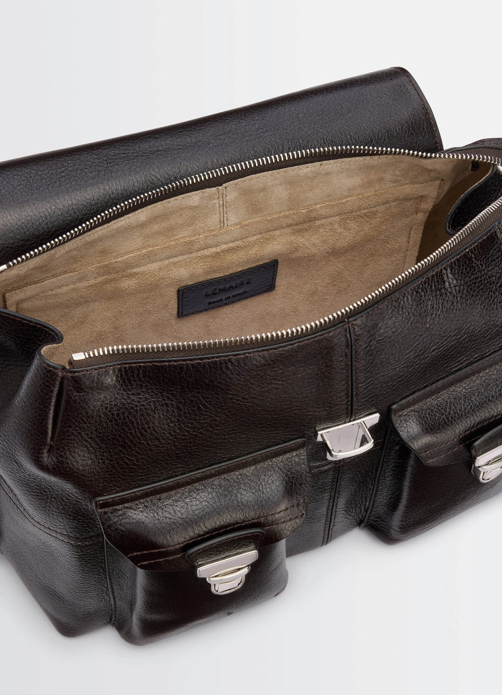 Lemaire Medium Gear Bag in Glossy Vegetable-Tanned Leather, product shot, interior top view exposed interior label