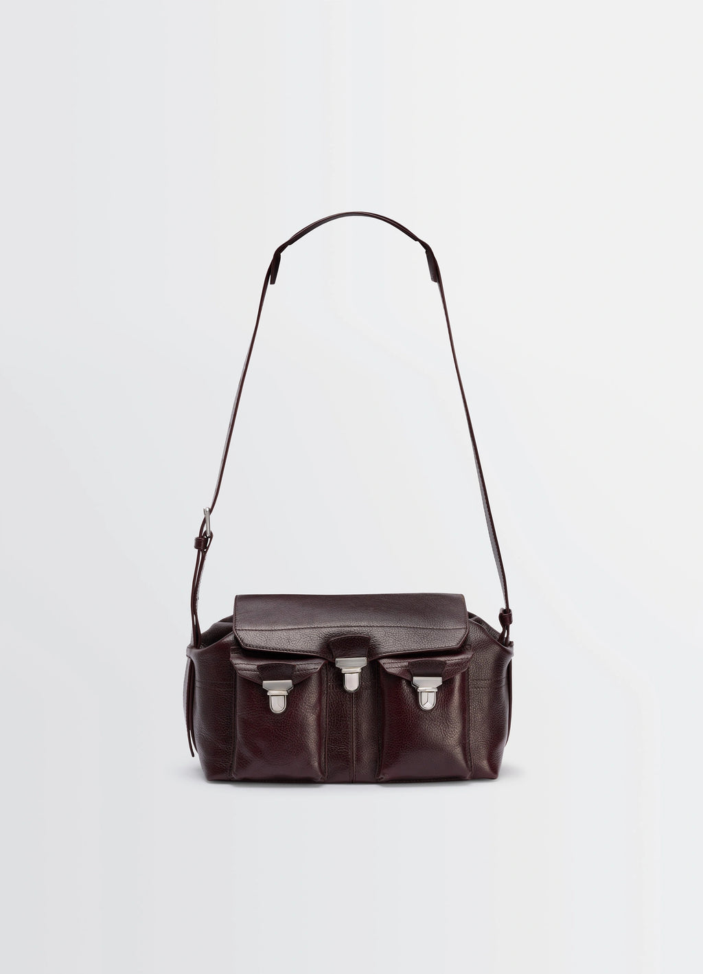 Lemaire Medium Gear Bag in Glossy Vegetable-Tanned Leather, product shot, front view triple buckle pockets