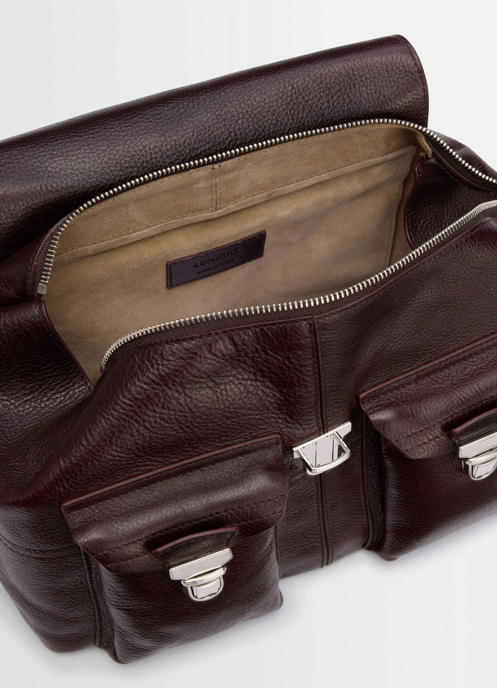 Lemaire Medium Gear Bag in Glossy Vegetable-Tanned Leather, product shot, interior view open top with triple pockets