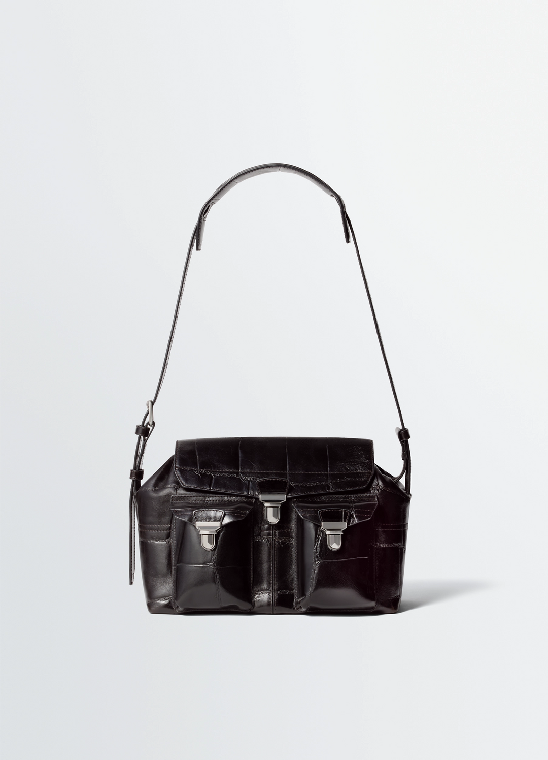 Medium Gear Bag in Croco-embossed Leather, product shot, Front view Adjustable strap, flap closure