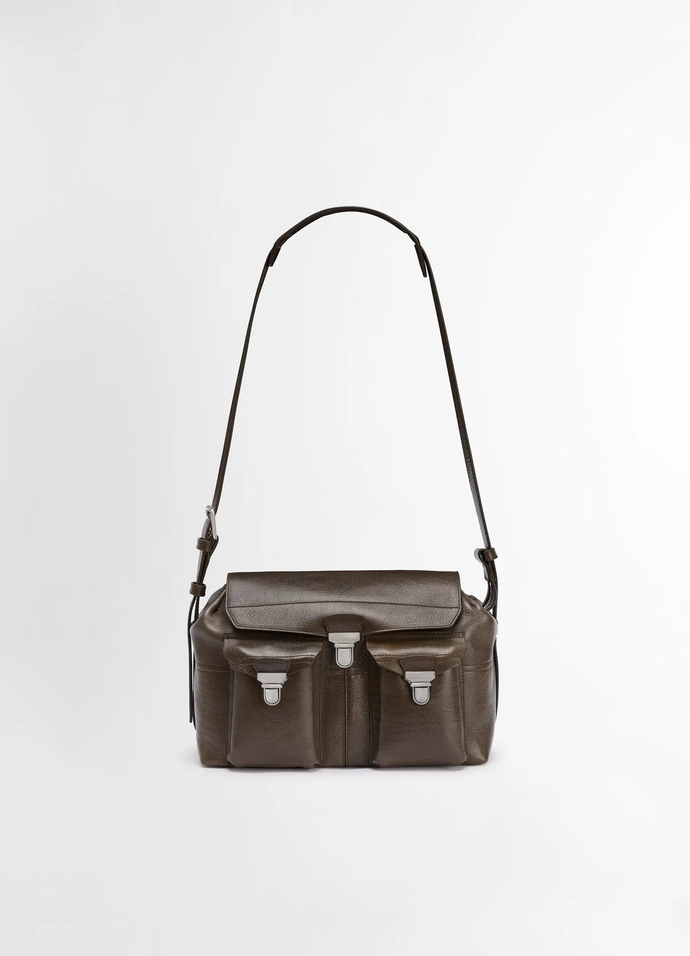 Lemaire Medium Gear Bag in Smooth Irregular Grained Leather, product shot, front view dual front pockets