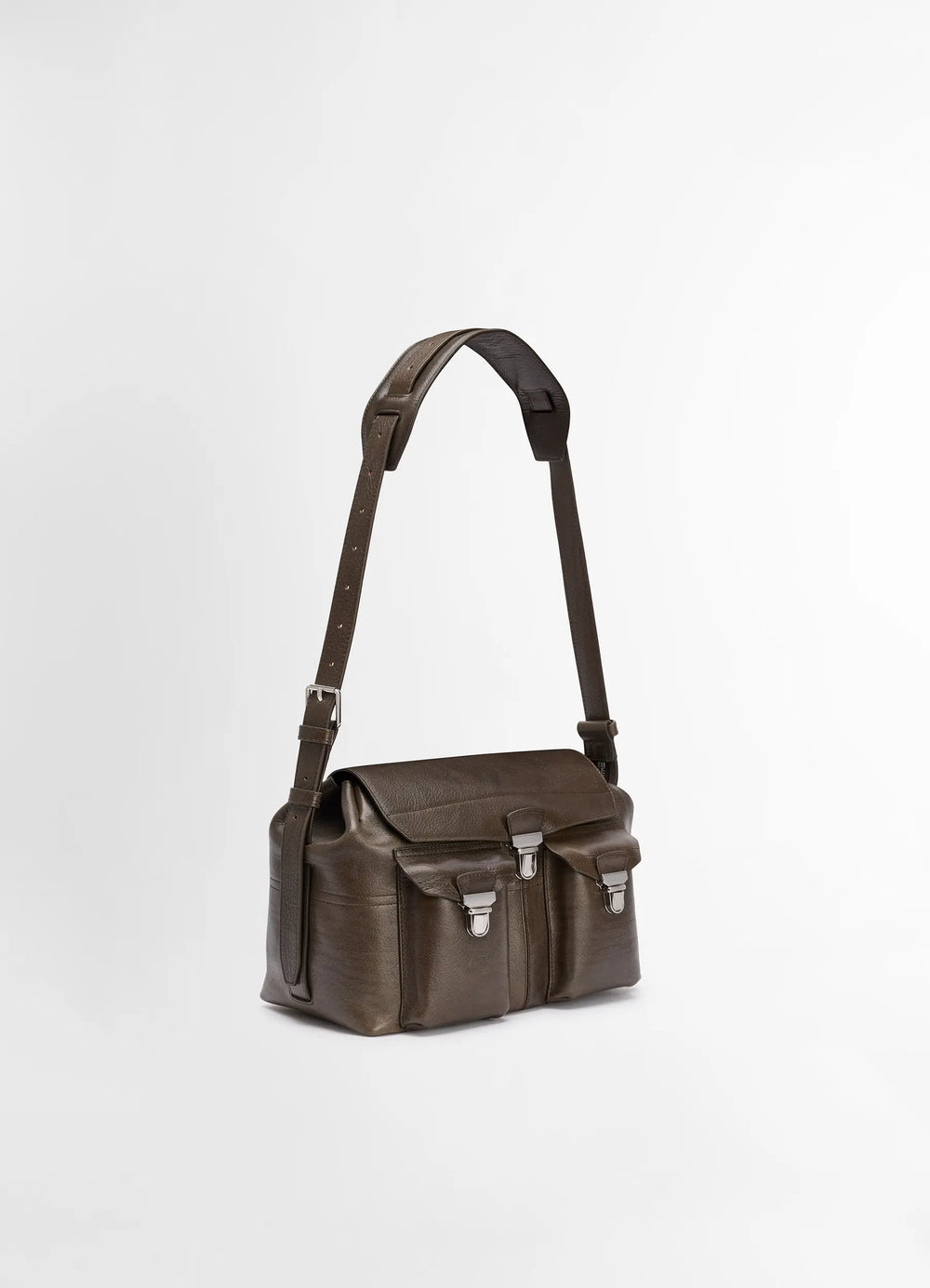 Lemaire Medium Gear Bag in Smooth Irregular Grained Leather, product shot, three-quarter view contrasting metal clasps