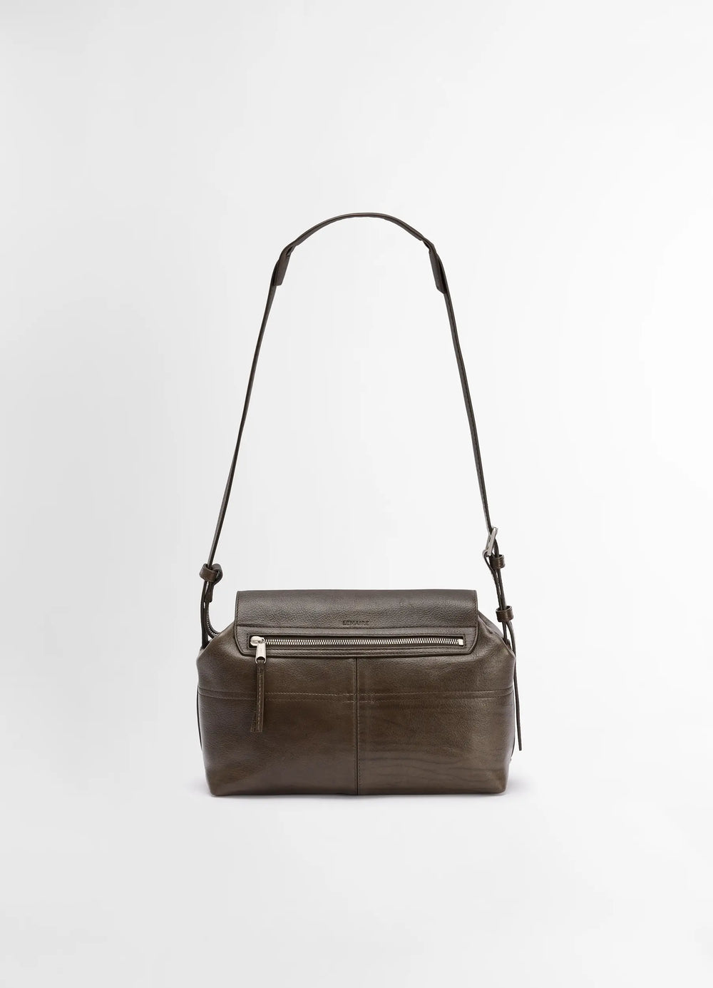 Lemaire Medium Gear Bag in Smooth Irregular Grained Leather, product shot, back view zippered back pocket, sleek finish