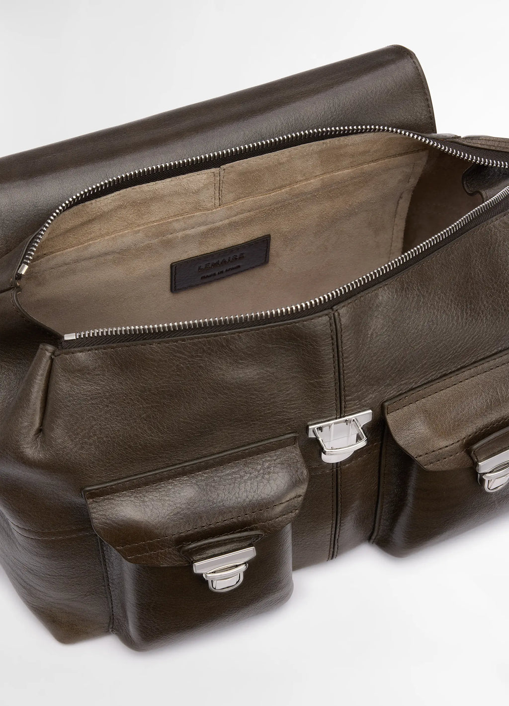 Lemaire Medium Gear Bag in Smooth Irregular Grained Leather, product shot, top open view interior suede lining