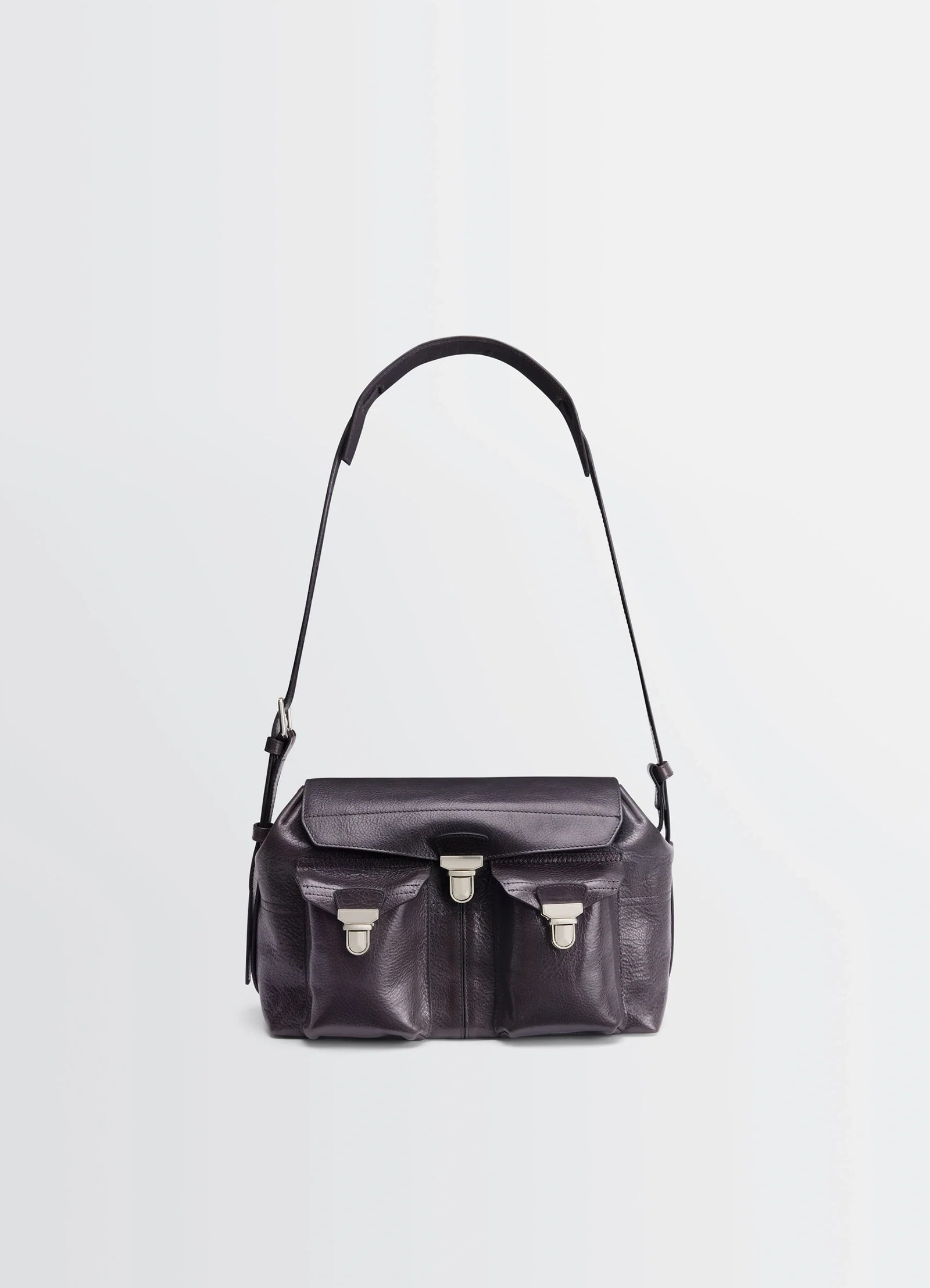 Lemaire medium gear bag in glossy vegetable-tanned leather, product shot, front view dual buckle closures