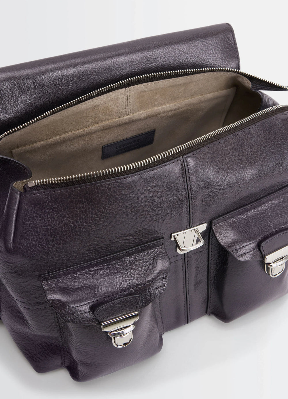 Lemaire Medium Gear Bag in Glossy Vegetable-Tanned Leather, product shot, top open view interior flat pocket