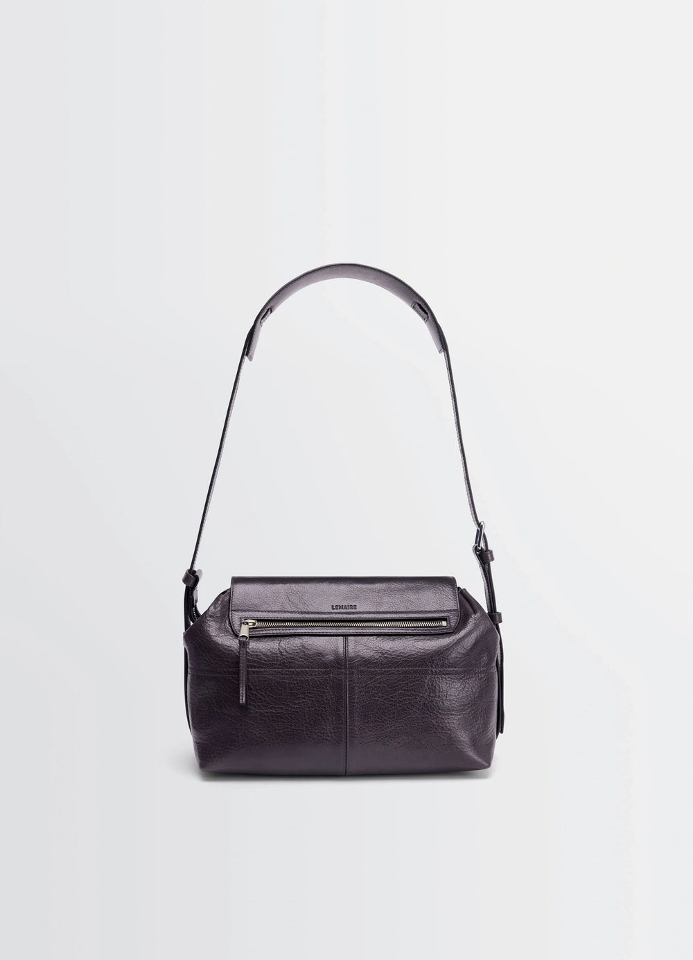 Lemaire Medium Gear Bag in Glossy Vegetable-Tanned Leather, product shot, straight-on view zippered front pocket