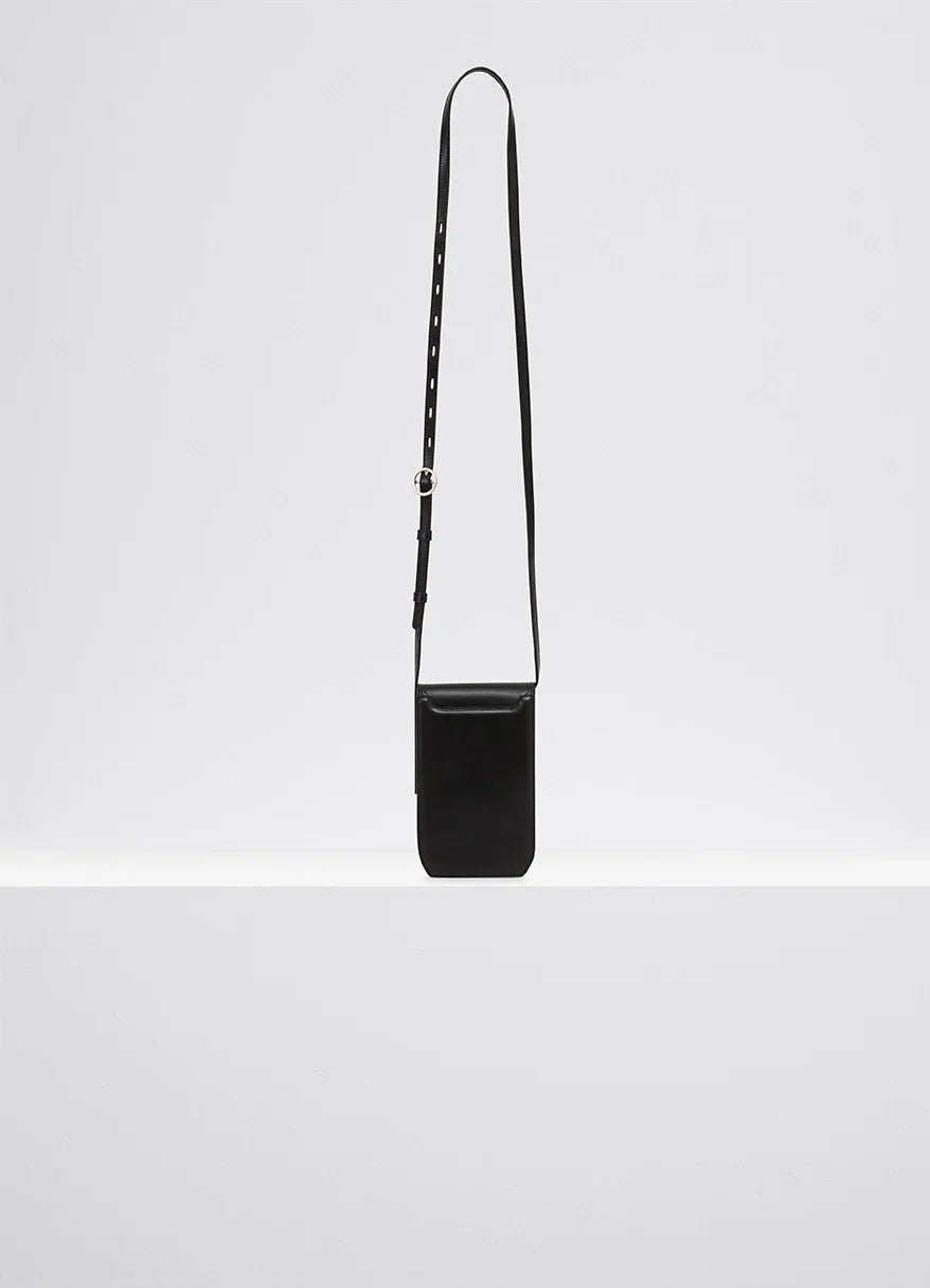 LEMAIRE Small Calepin Bag in Box calfskin leather, product shot, Front view Adjustable strap, shiny finish