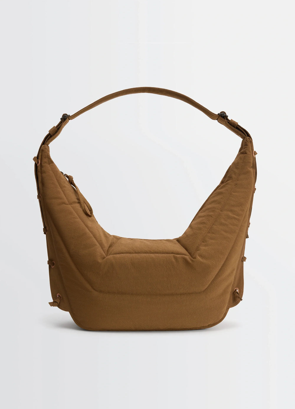 Soft Game Bag in quilted water-repellent nylon, product shot, front angled view embroidered eyelets