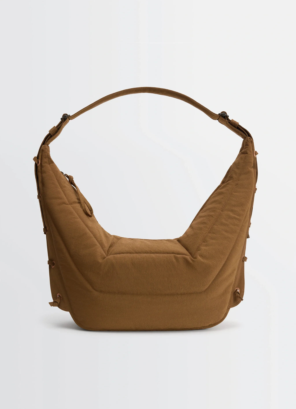 Soft Game Bag in quilted water-repellent nylon, product shot, front angled view embroidered eyelets