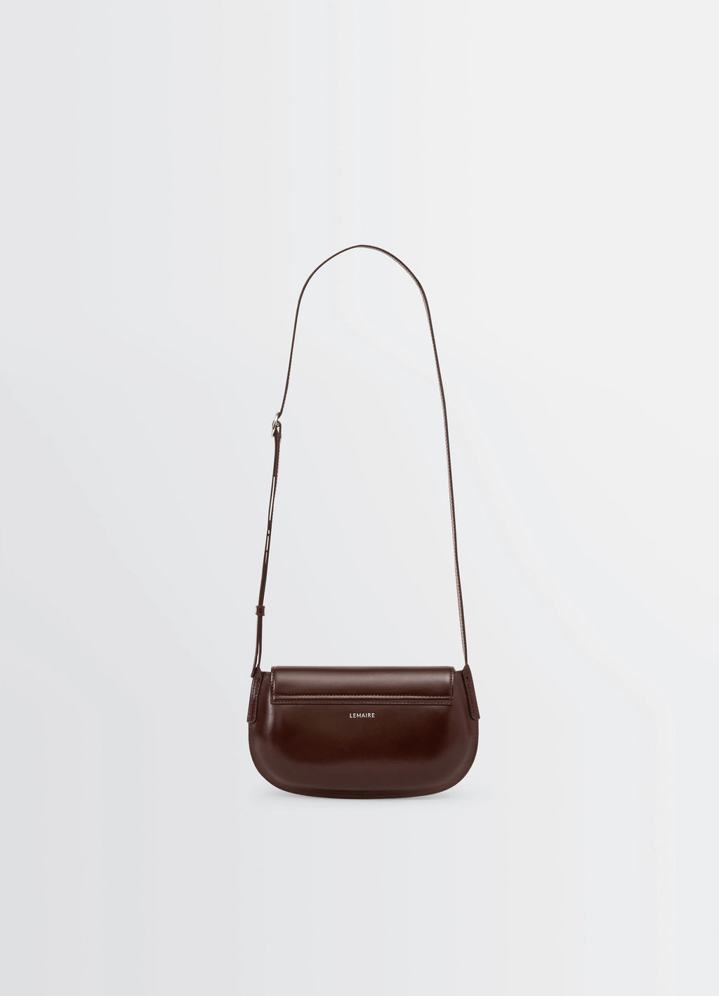 Lemaire Belly Bag in Silver LWG-certified leather, product shot, rear view long adjustable strap