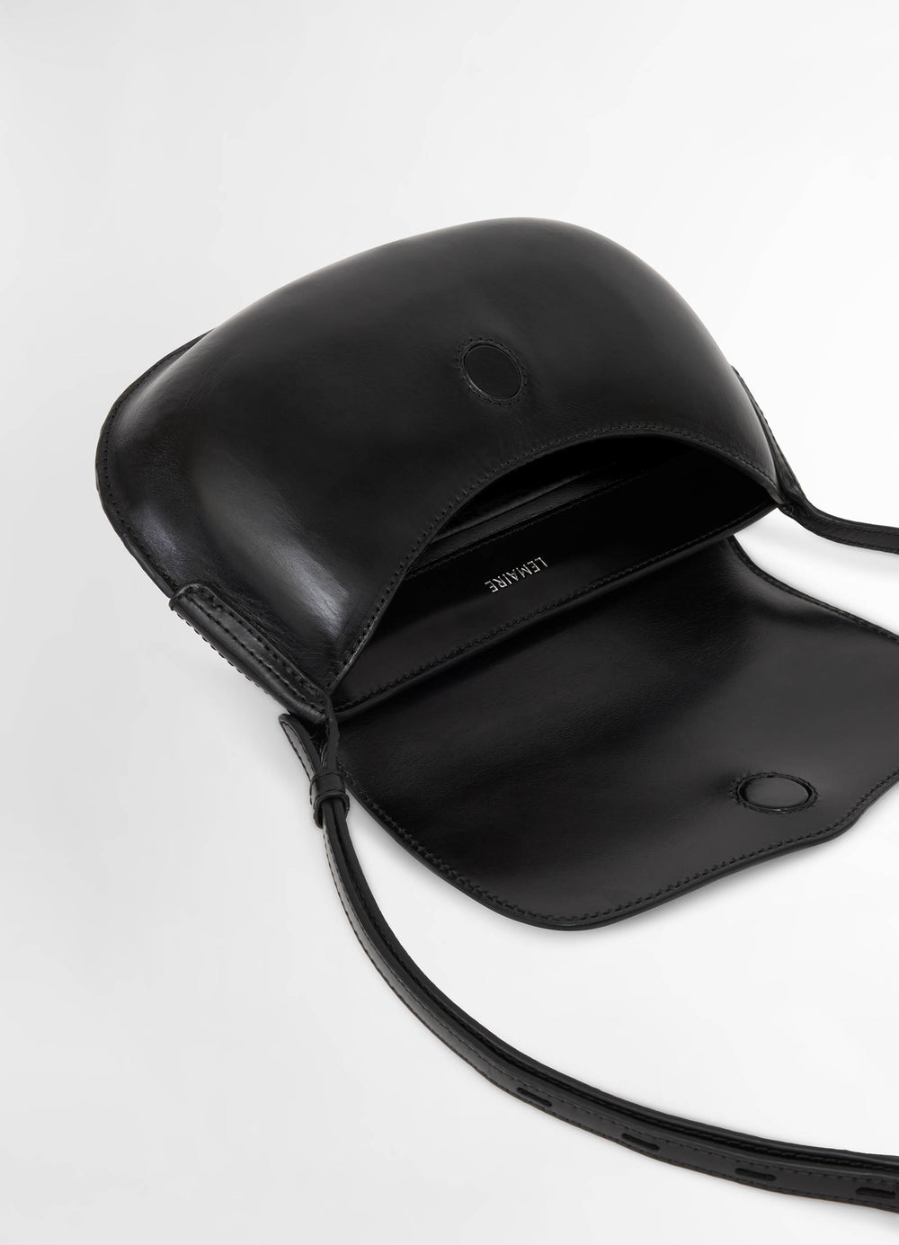 Lemaire Belly Bag in Patinated Silver Leather, product shot, Top angled view Molded leather technique