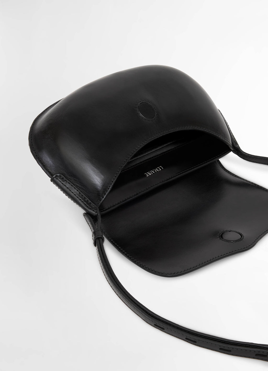 Lemaire Belly Bag in Patinated Silver Leather, product shot, Top angled view Molded leather technique