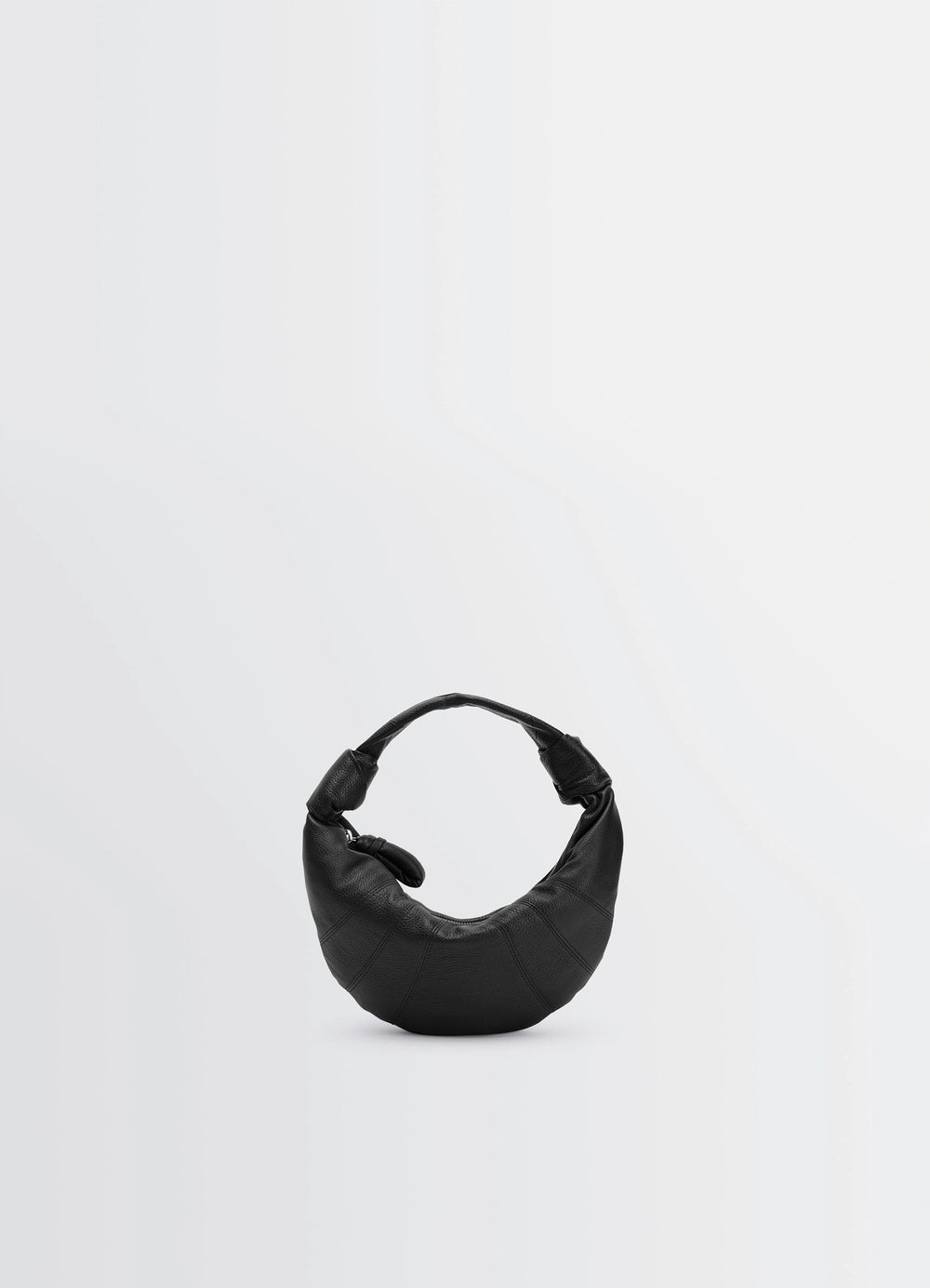 Mini Fortune Croissant Bag in Black Grained Leather, product shot, front view curved top stitching