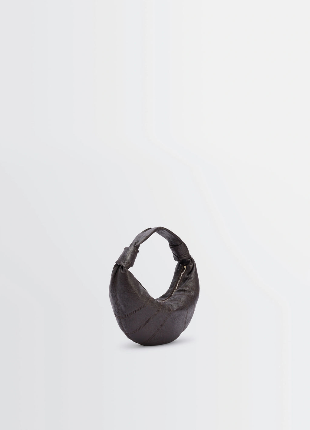 Mini Fortune Croissant Bag in Grained Leather, product shot, three-quarter view knotted handle design