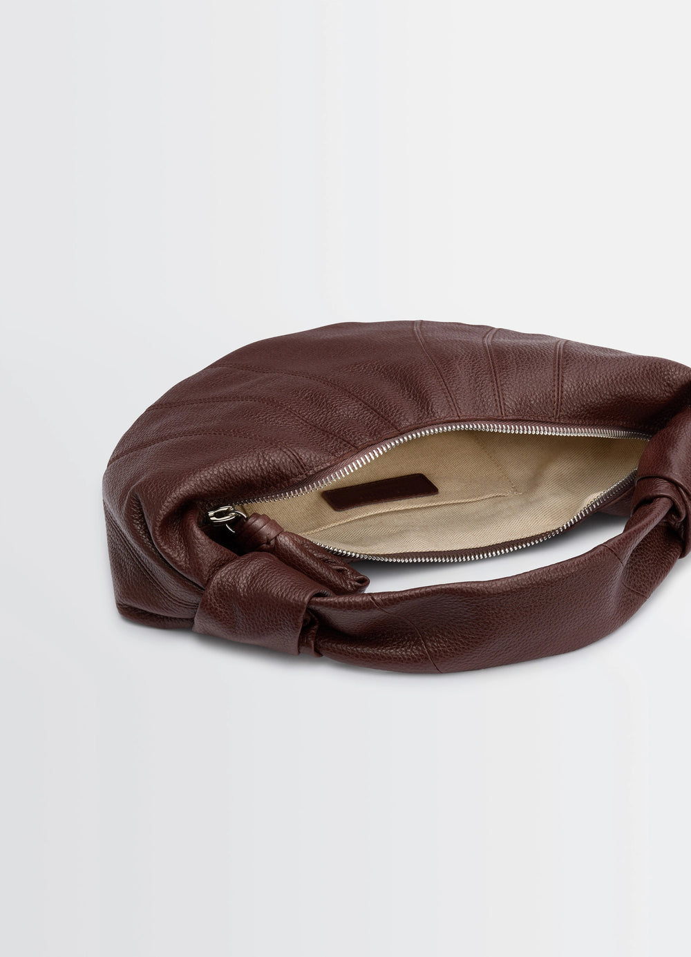 Mini Fortune Croissant Bag in Brown Grained Leather, product shot, top view open zipper and interior