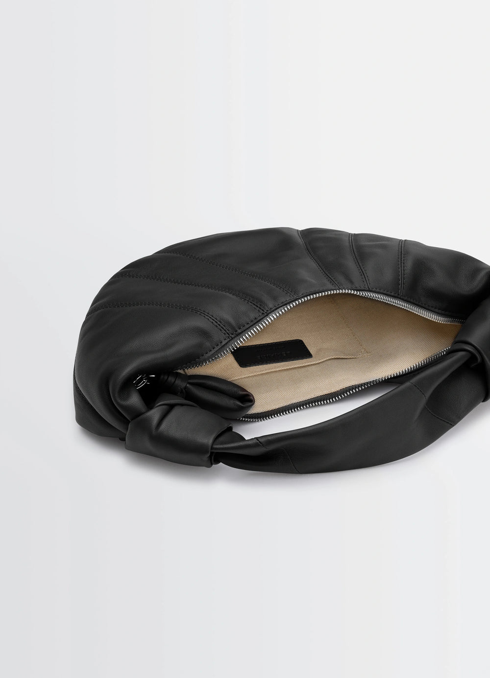 Mini Fortune Croissant Bag in Soft Nappa Lambskin, product shot, top view open zipper detail