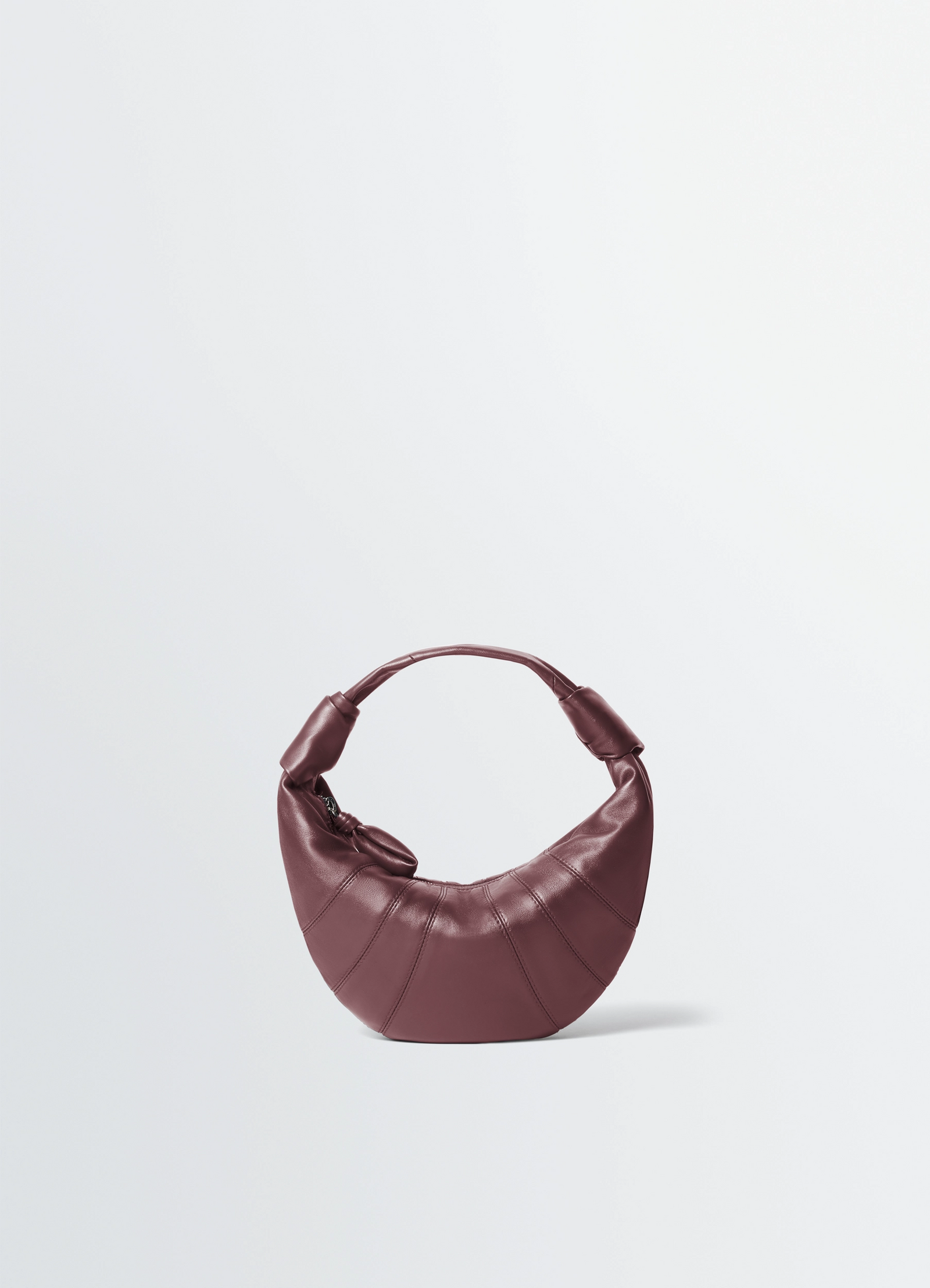 Mini fortune croissant bag in soft nappa lambskin leather, product shot, front view half-moon shape with topstitching