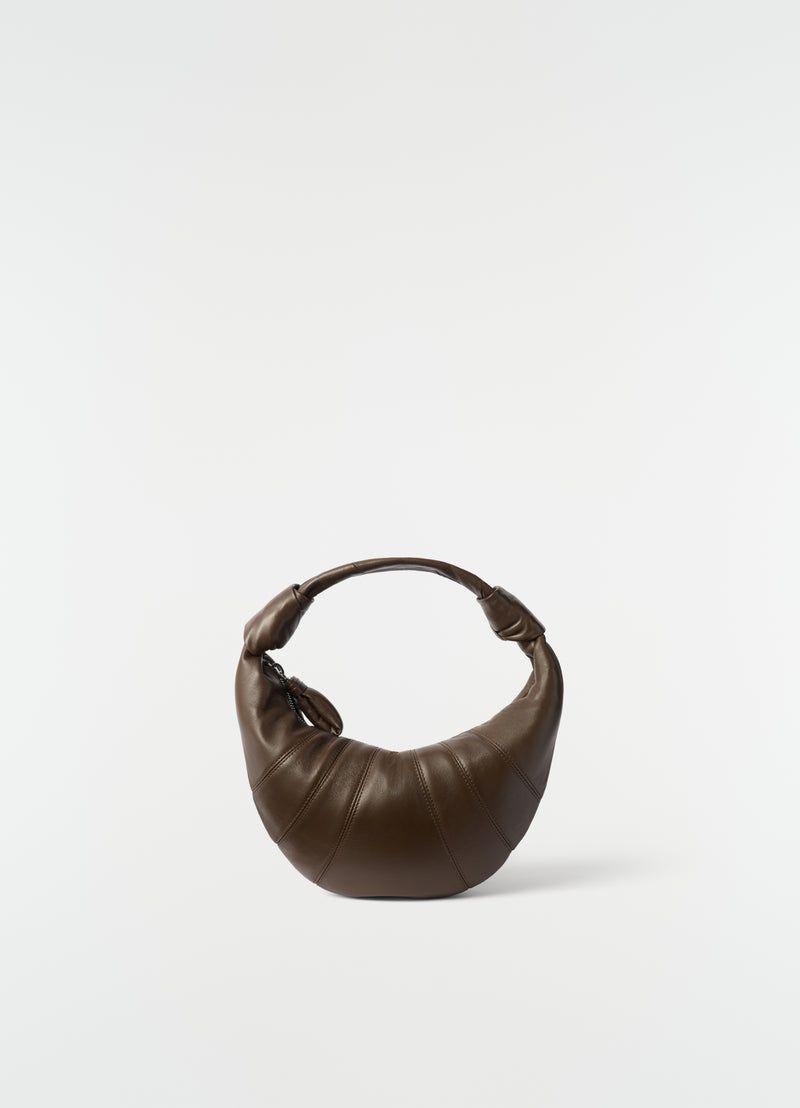 Mini Fortune Croissant bag in brown leather by LEMAIRE front view on plain white background