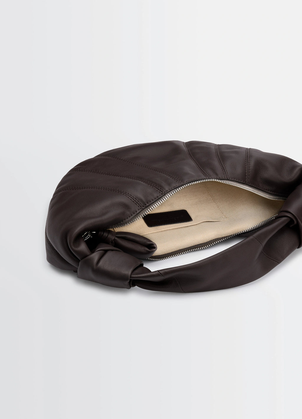 Mini Fortune Croissant Bag in Soft nappa lambskin leather, product shot, top zipper view open interior view