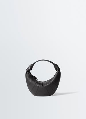 Mini fortune croissant bag lemaire black leather crescent shape front view on white background