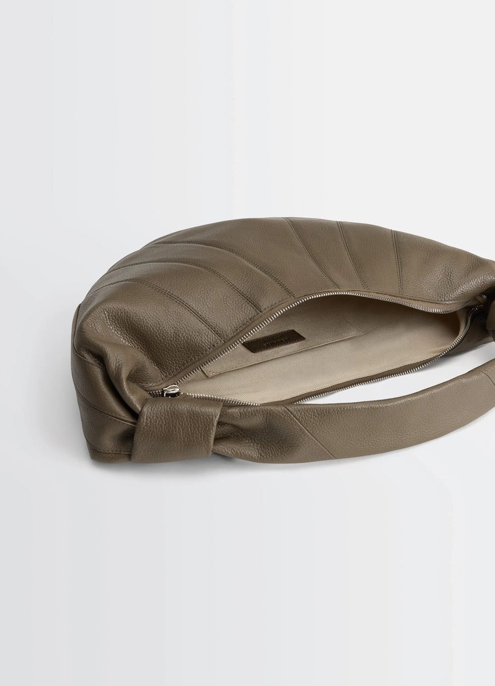 Mini Fortune Croissant Bag in Grained Leather, product shot, top view zippered opening