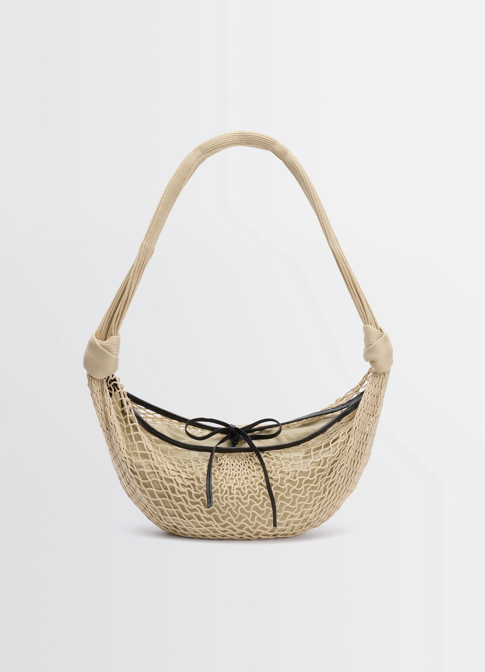 Lemaire croissant filt bag in beige nylon net, product shot, front view removable inner bag