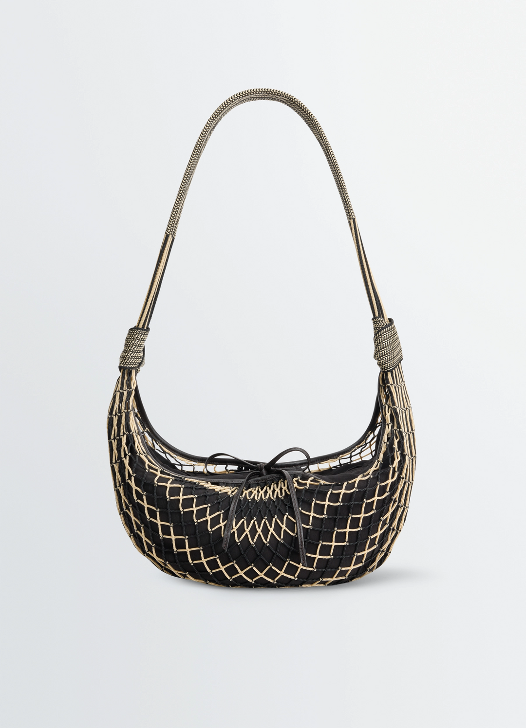 CROISSANT FILT BAG in Black Nylon Net, product shot, Front view Net design with inner bag