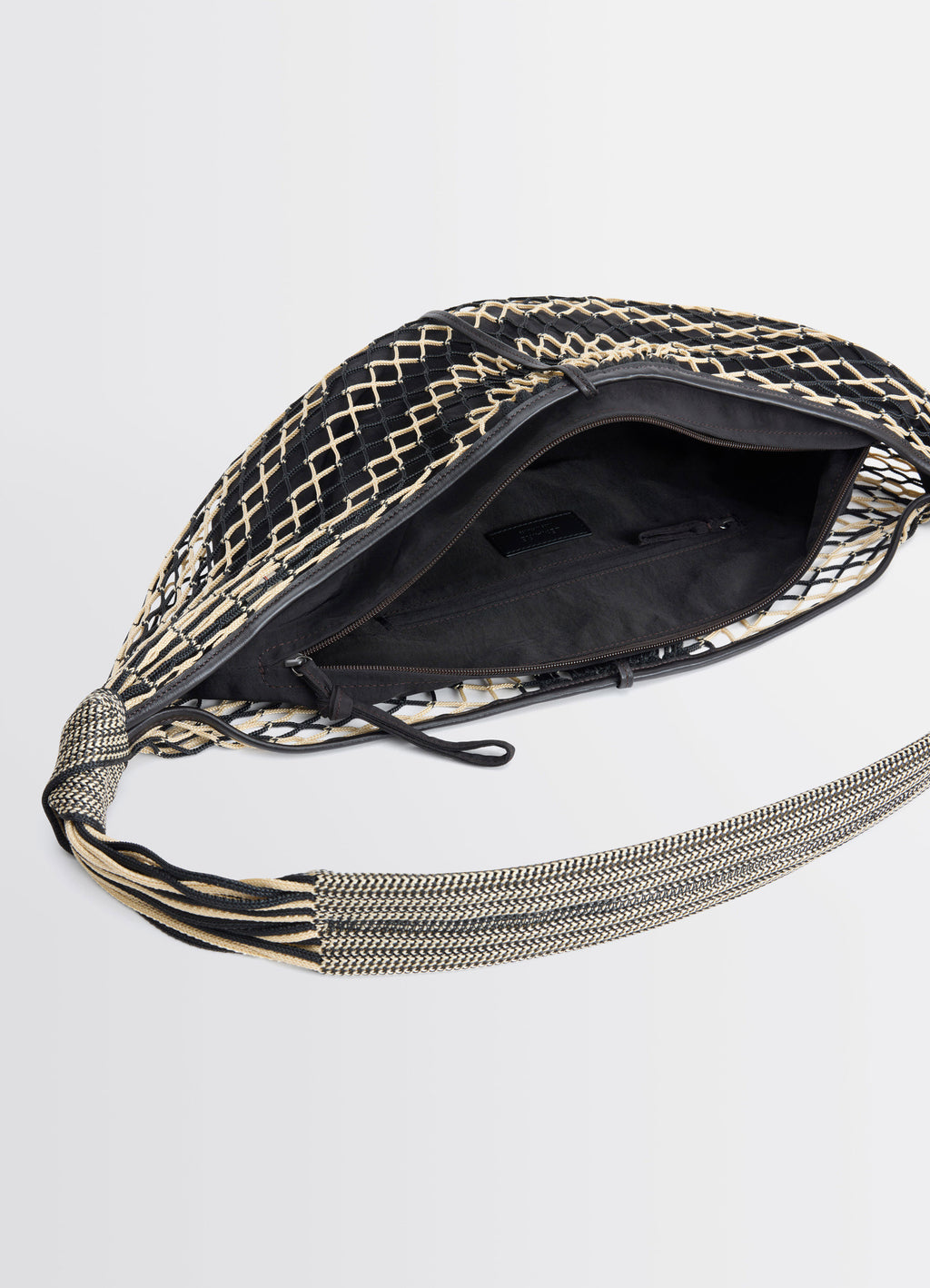 Croissant Filt Bag in Nylon Net Black, product shot, top open view interior compartment detail