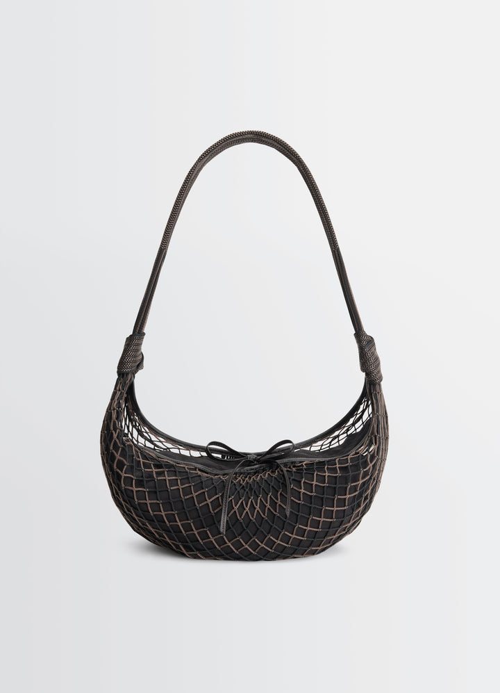 Lemaire Croissant Filt Bag in Black Nylon Net, product shot, front view curved handle, woven detail