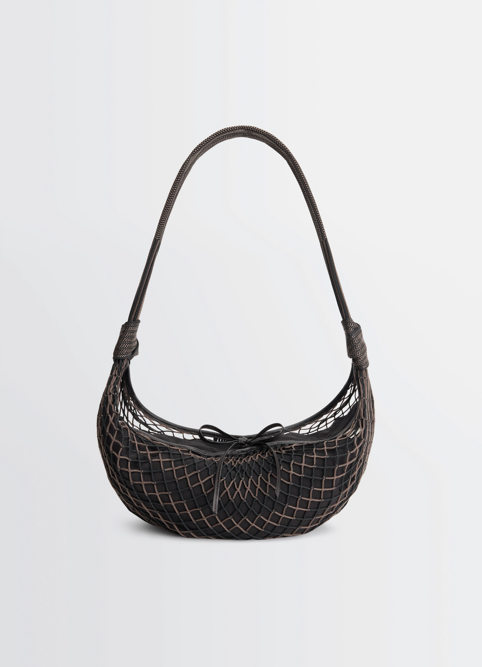 Lemaire croissant filt bag in black nylon net, product shot, front view removable inner bag