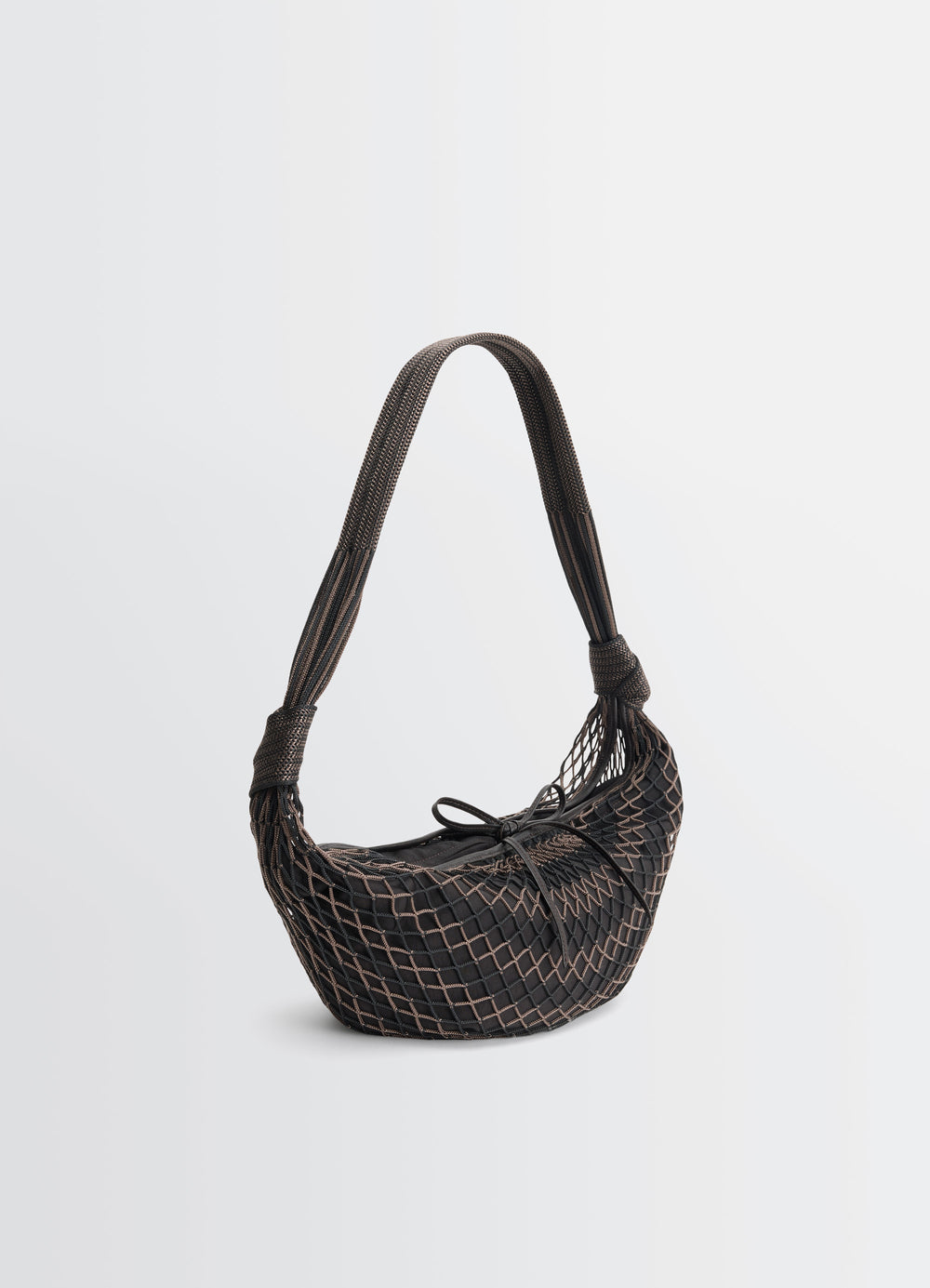 Lemaire Croissant Filt Bag in Black Nylon Net, product shot, angled top view knotted handle detail