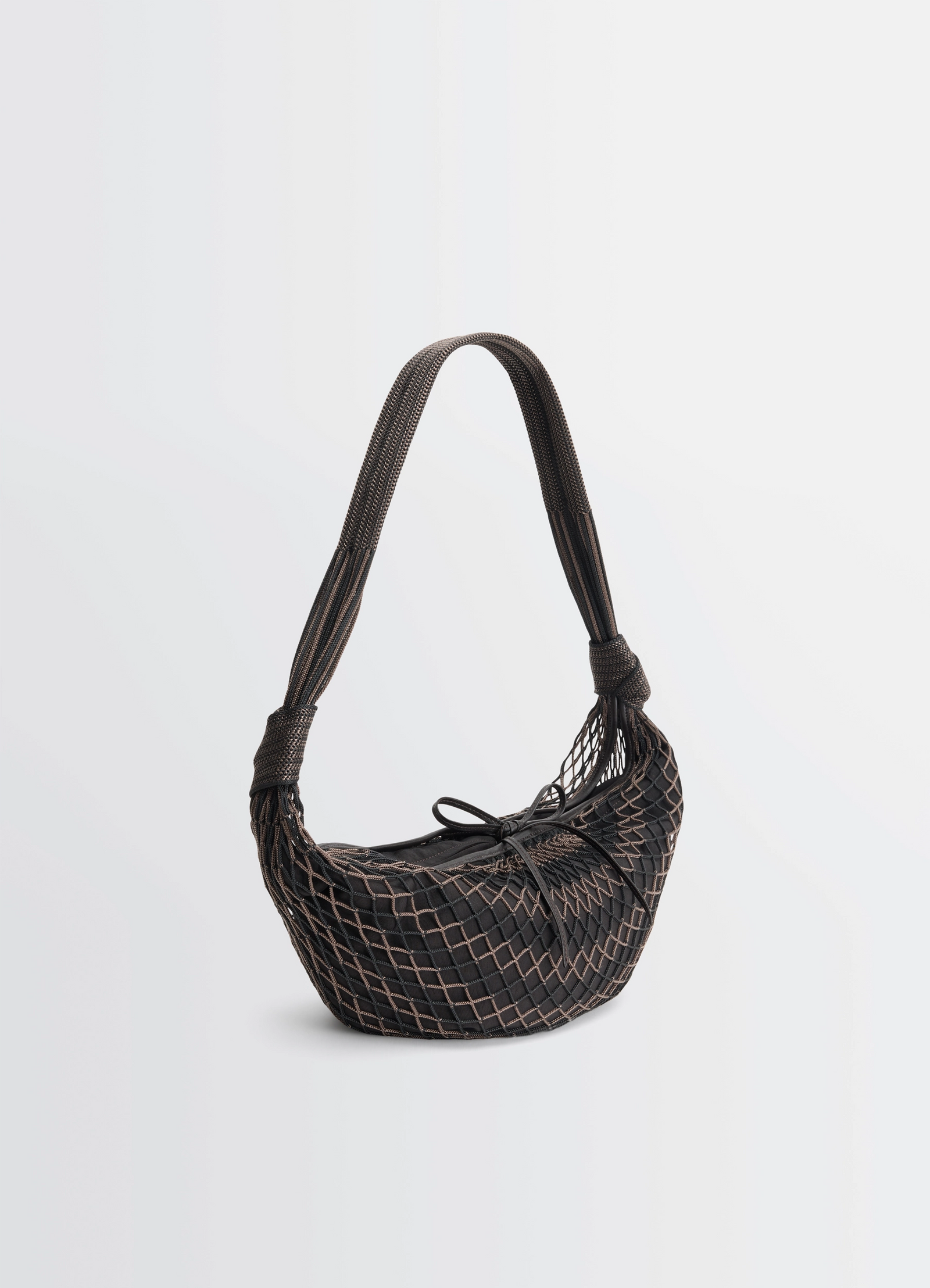 Lemaire croissant filt bag in black nylon net, product shot, side view textured netting