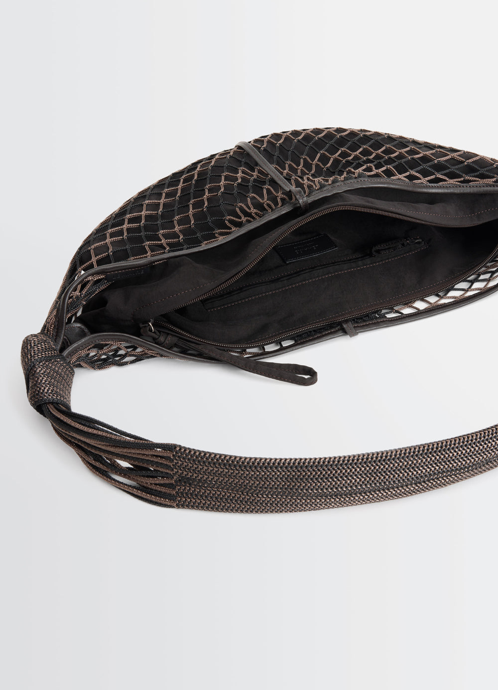 Lemaire Croissant Filt Bag in Black Nylon Net, product shot, interior top view knotted strap detail