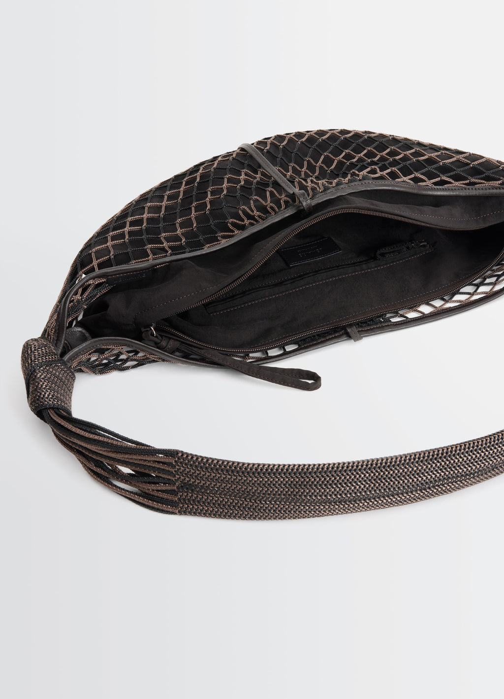 Lemaire Croissant Filt Bag in Black Nylon Net, product shot, interior top view knotted strap detail