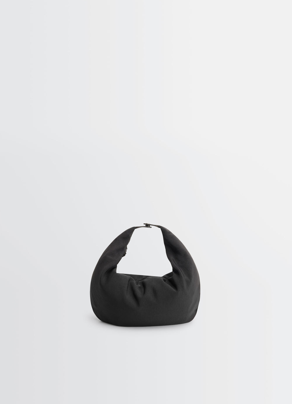 Lemaire Croissant Filt Bag in Black Nylon Net, product shot, angled bottom view soft pleated base
