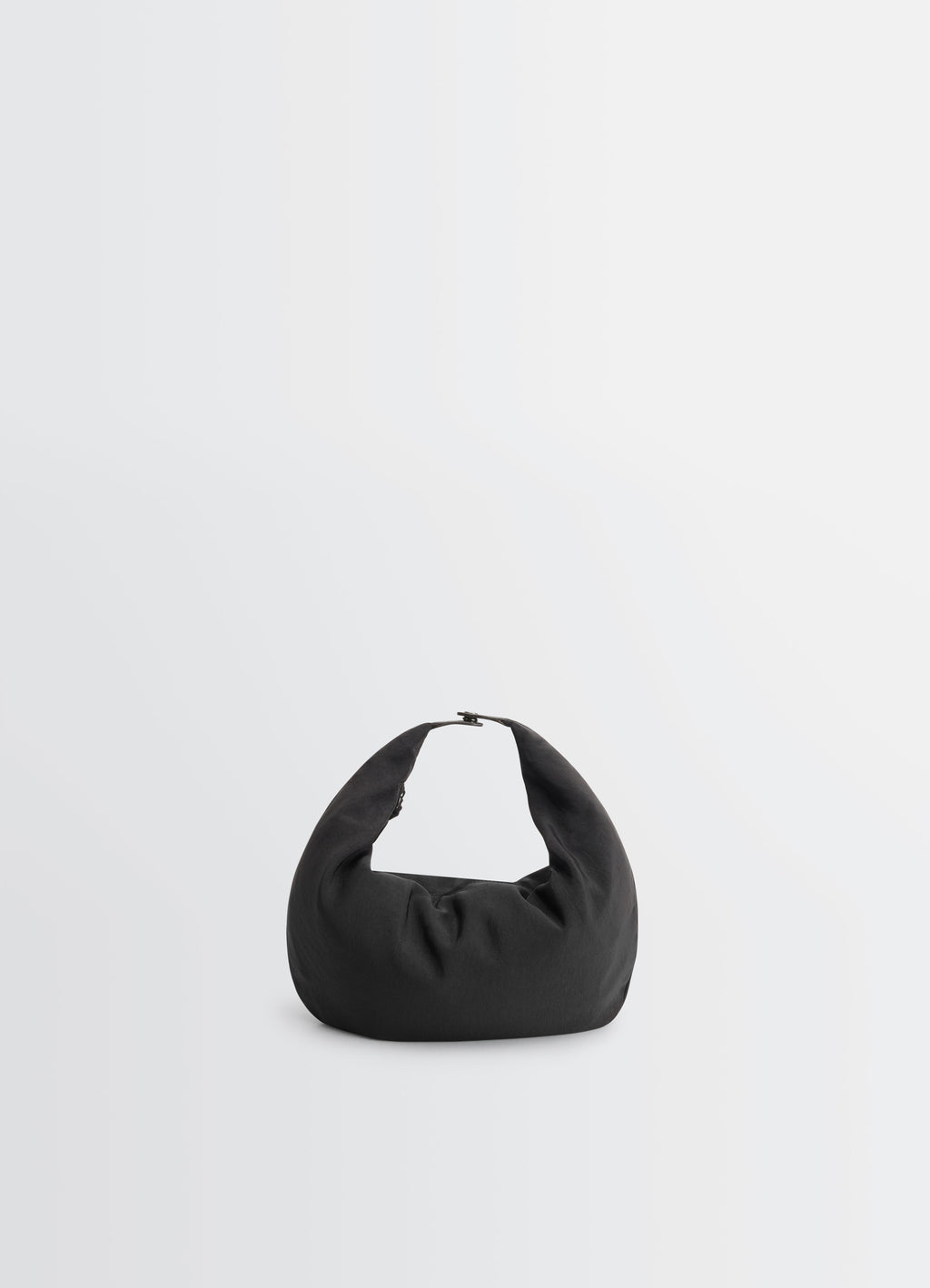 Lemaire Croissant Filt Bag in Black Nylon Net, product shot, angled bottom view soft pleated base