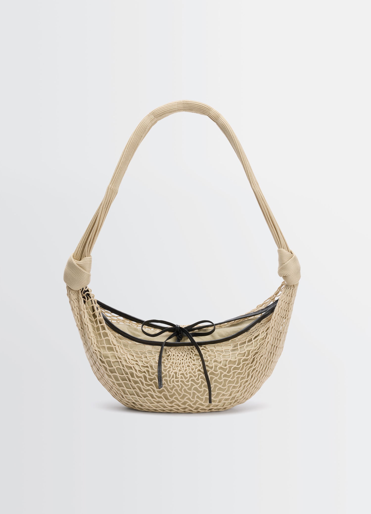 Lemaire Croissant Filt Bag in Beige Nylon Net, product shot, front view top knotted handle