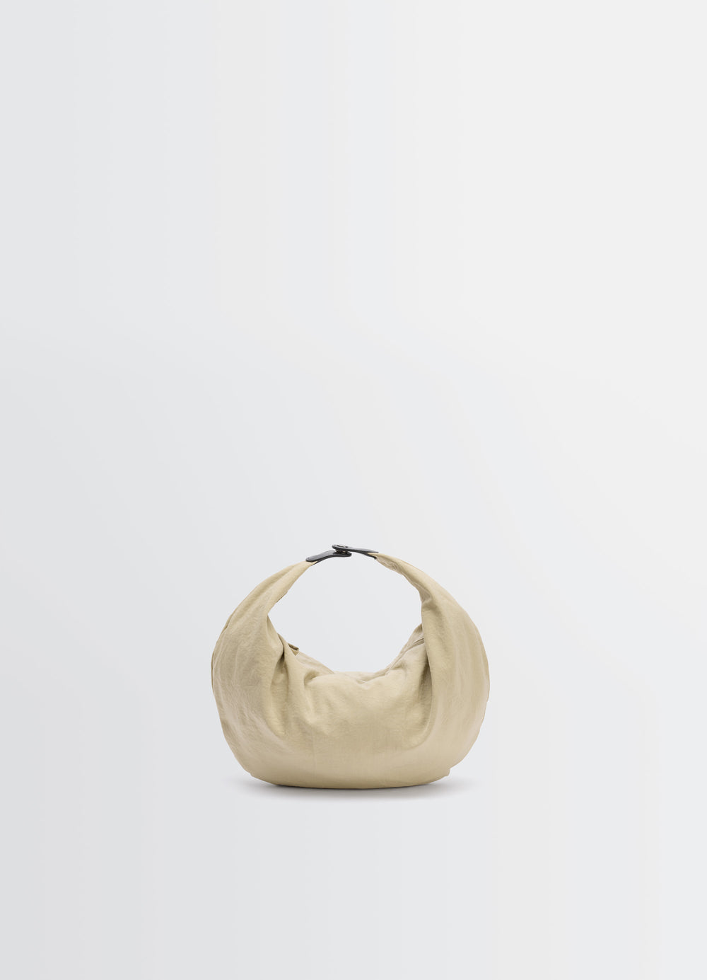 Lemaire Croissant Filt Bag in Beige Nylon Net, product shot, bottom view top clasp closure