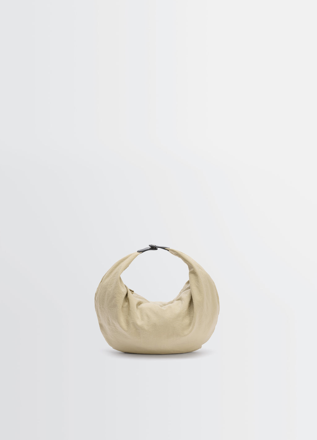 Lemaire Croissant Filt Bag in Beige Nylon Net, product shot, bottom view top clasp closure