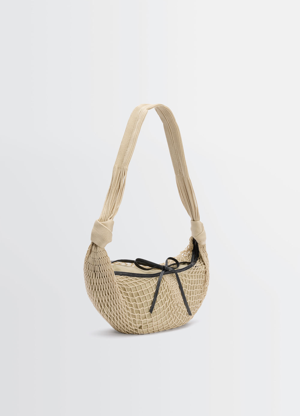 Lemaire Croissant Filt Bag in Beige Nylon Net, product shot, three-quarter view knotted top handle