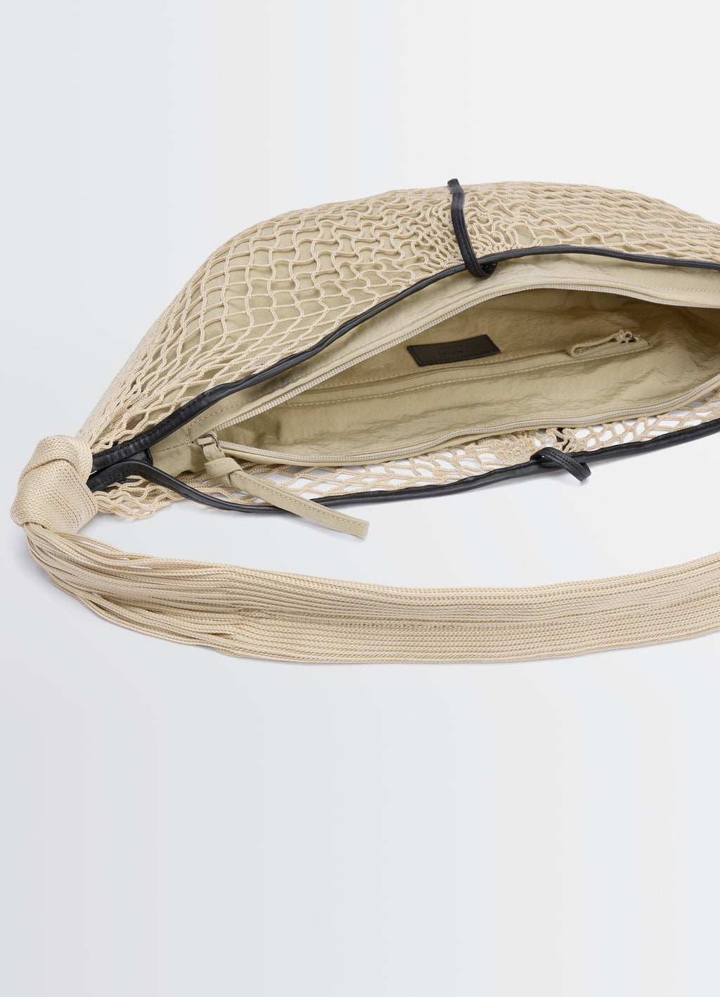 Lemaire Croissant Filt Bag in Beige Nylon Net, product shot, top inside view open zip compartment visible